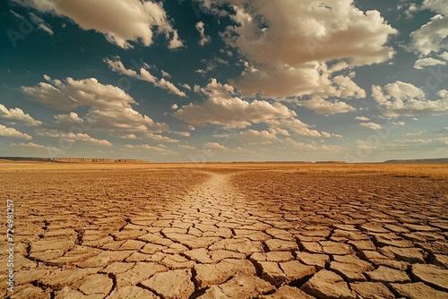 a cracked up and dirt ground with clouds in the sky