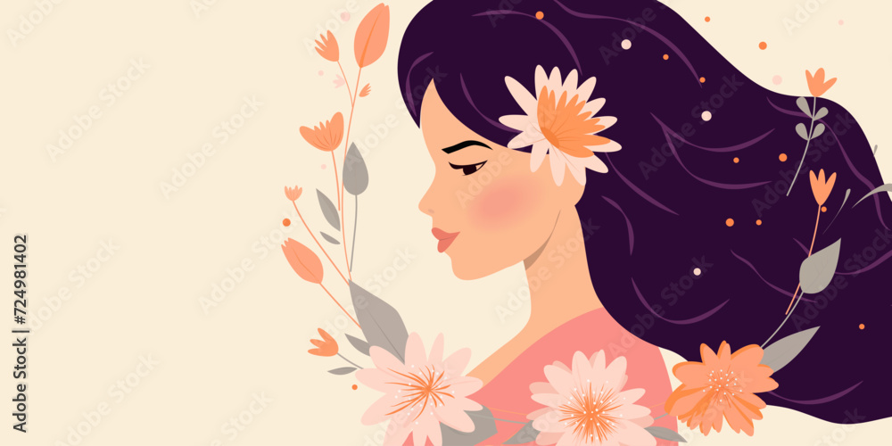 Beautiful profile of a young girl surrounded by flowers.