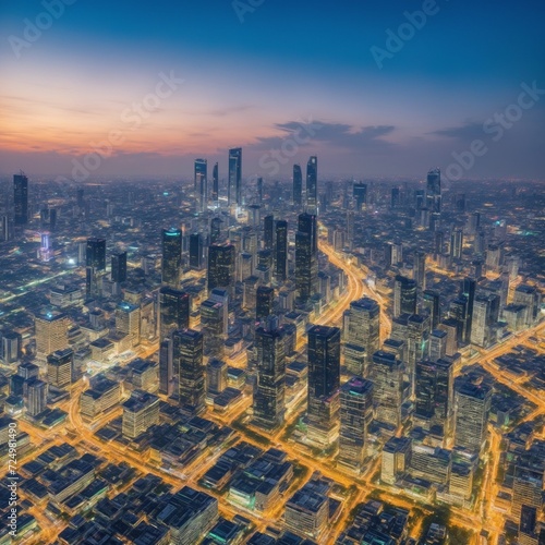 overhead view of modern bangkok city with at dusk,skyscrapers lit up against the night sky