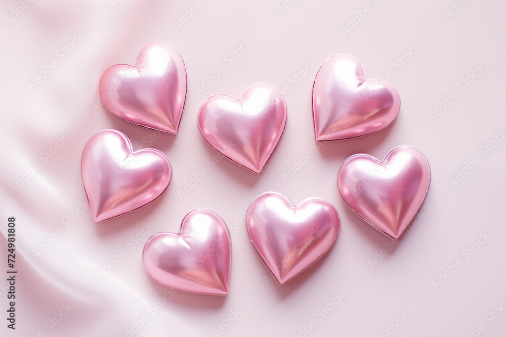 Eight glossy pink hearts scattered on a white background. Concept: Valentines Day, love, relationships, romantic events. Plenty of copy space. Eight glossy pink hearts scattered on a white background. Concept: Valentines Day, love, relationships, romantic events. Plenty of copy space.