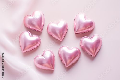Eight glossy pink hearts scattered on a white background. Concept  Valentines Day  love  relationships  romantic events. Plenty of copy space.