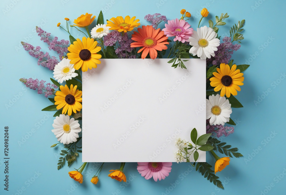 Fototapeta premium Blank paper card on blue background with lovely flower arrangement above.