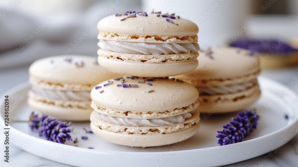 Stack of purple macarons decorated with lavender on a festive background