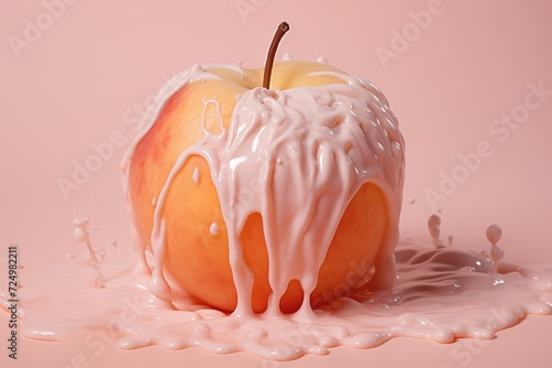Peach in yogurt on a pink table