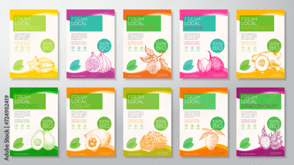 Fresh Local Exotic Tropical Fruits Label Templates Set. Abstract Vector Packaging Design Layouts Collection. Modern Typography Banner with Hand Drawn Fruits Sketch Silhouettes Backgrounds Isolated