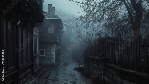 a shot of a run-down neighborhood in a city during a foggy and wet evening