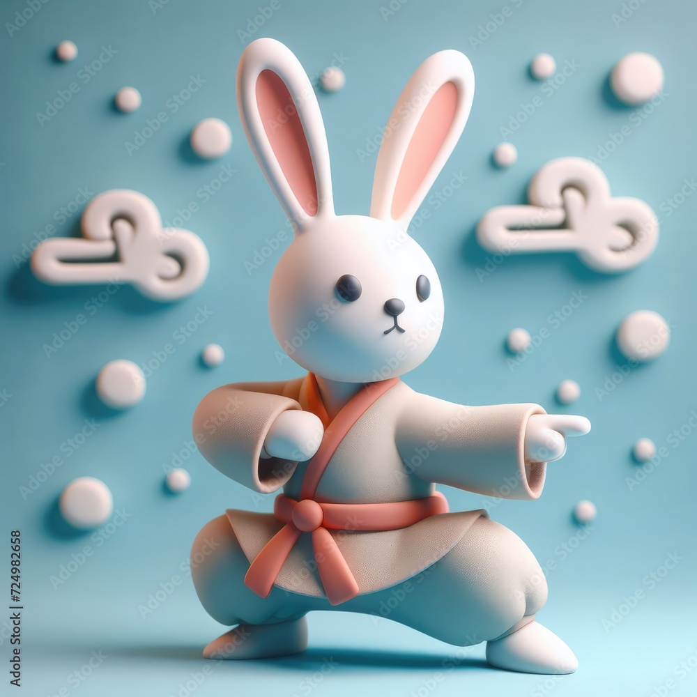 Cute Kung-Fu Cartoon Rabbit. 3D minimalist cute illustration on a light background. Cute Kung-Fu Cartoon Rabbit. 3D minimalist cute illustration on a light background.