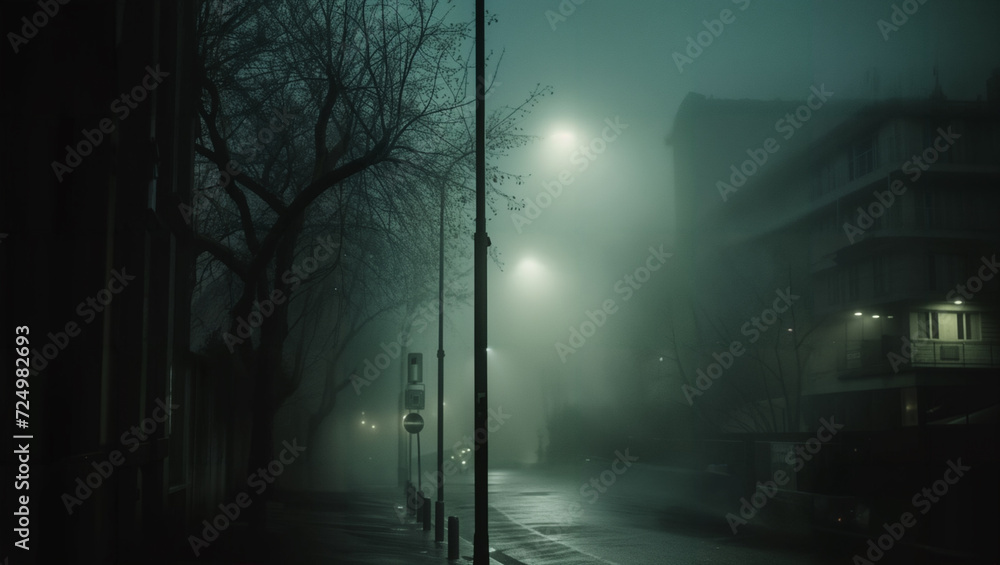 a shot of a run-down neighborhood in a city during a foggy and wet evening with streetlights