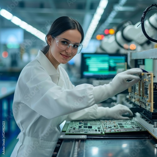 A skilled female technician conducts intricate research in her laboratory, clad in a crisp white lab coat and goggles, as she tinkers with cutting-edge medical equipment and innovative engineering de