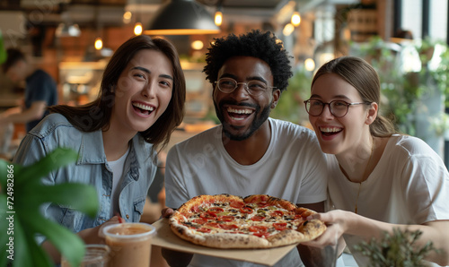 A group of young people in a pub eat pizza and drink drinks. Friends. A cheerful group of teenagers. Food in a restaurant.