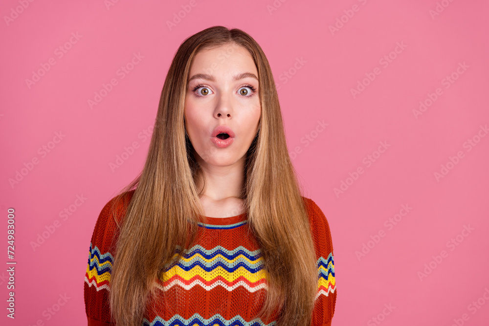 Photo of impressed young lady open mouth staring cant believe empty space isolated on pink color background - obrazy, fototapety, plakaty 