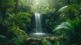 A hidden waterfall in a dense lush rainforest embodying mystery and natural wonder.