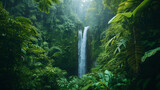 A hidden waterfall in a dense lush rainforest embodying mystery and natural wonder.