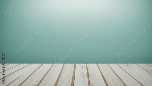 Wooden table top contrasting with teal background for product display concept.