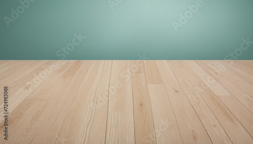 Wooden table top contrasting with teal background for product display concept. © SR07XC3