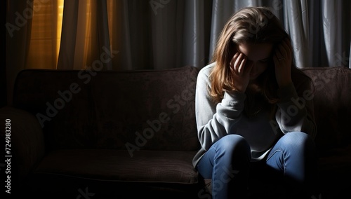 Sad young woman sitting on sofa in dark room. Depression concept.