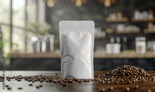 Packaging of coffee on a wooden table with coffee, ground beans on a blurred background. Coffee packaging mockup with empty space for design.