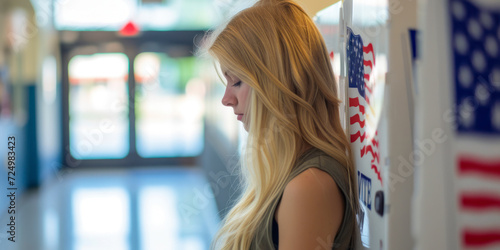 Young blonde woman casts votes at booths in polling station with US flag.