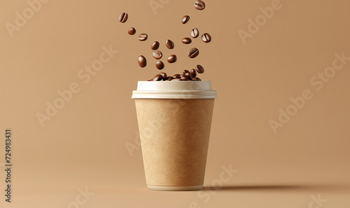 Mockup of a paper cup of coffee, on a light brown background. coffee mockup. Coffee beans fly out of a glass of coffee to go