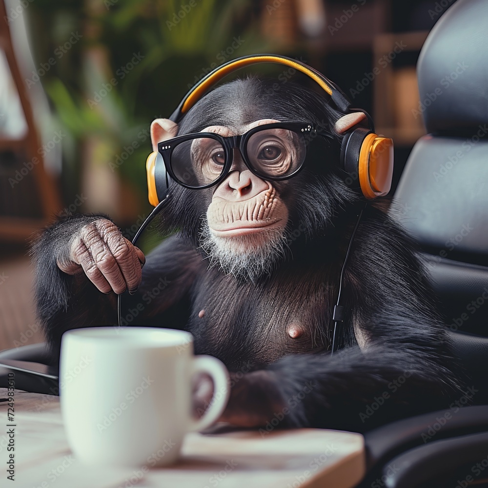 A bespectacled primate enjoys a moment of relaxation, sipping coffee from a mug while listening to music, creating a charming indoor scene of a sophisticated chimpanzee - obrazy, fototapety, plakaty 