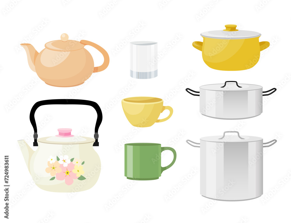 Obraz premium Vector set of saucepans, teapots and cups isolated on white background. A set of kitchen utensils.