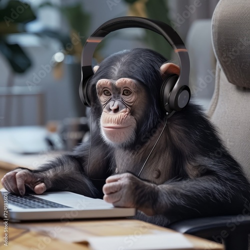 A curious chimpanzee explores the world of music and technology as it dons headphones and works on a laptop indoors