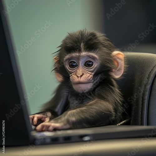 A curious macaque explores the world of technology as it sits on a chair with a laptop, showcasing the ever-evolving intelligence of our primate counterparts © Dejan