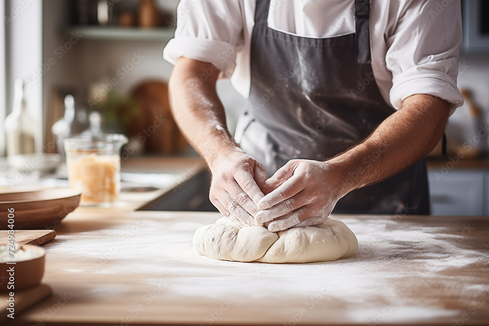 Baker kneading dough in the kitchen. Close up shot, hands of chef preparing fresh dough for bread, pizza or pasta out of flour.