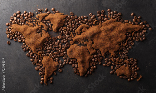 World map made of coffee beans on a texture table. Coffee bean extraction concept. Coffee plantation.