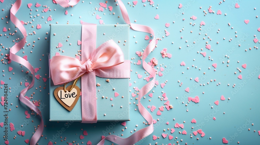 A sophisticated pastel-themed gift box adorned with bows, ribbons, and a tag that reads 