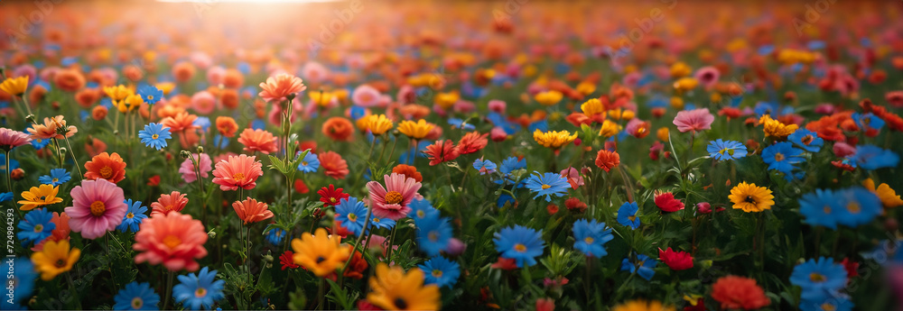 Colorful spring flowers in the sun. Various colored. Summer alpine meadow with colorful wildflowers. Camera moves among grass and colorful flowers, backlight, sunset. Summer alpine green flora  - obrazy, fototapety, plakaty 