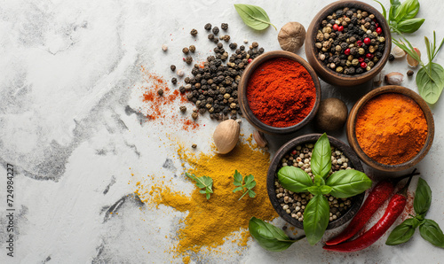 Spices in bowls. Colorful various herbs and spices for cooking in wooden bowls on a marble background. Assortment of natural spices. Healthy spice concept.