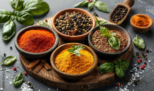 Spices in bowls. Colorful various herbs and spices for cooking in wooden bowls on a marble background. Assortment of natural spices. Healthy spice concept.