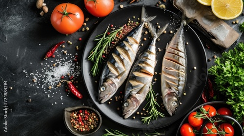 fresh mackerel and cooking ingredients on a black dish, capturing the essence of culinary creativity and meal preparation