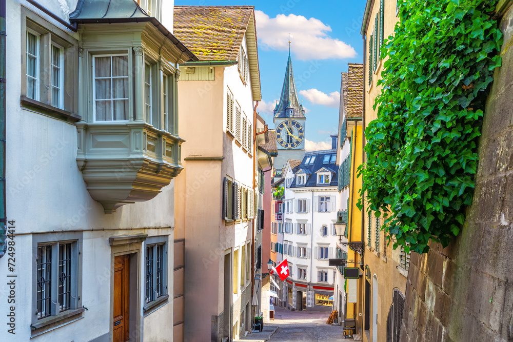 Empty european street by the Fraumunster abbey or Women's Minster in the downtown of Zurich, Switzerland