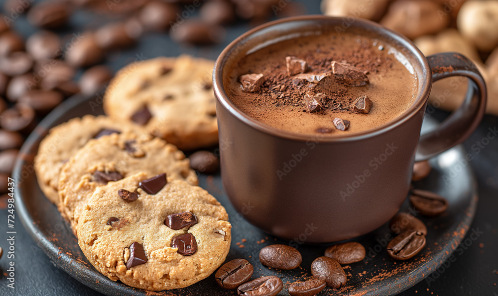 Chocolate chip cookies and a cup of hot chocolate on a black texture background.Dark chocolate cookies home made stacked with chocolate chips and cocoa. Delicious pastries. Place for text Chocolate chip cookies and a cup of hot chocolate on a black texture background.Dark chocolate cookies home made stacked with chocolate chips and cocoa. Delicious pastries. Place for text