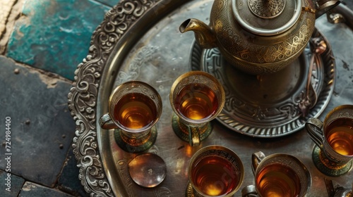 Moroccan mint tea fills traditional glasses, served from a vintage teapot atop a silver tray, against a grey background, in top view that transports viewers to the heart of North African hospitality.