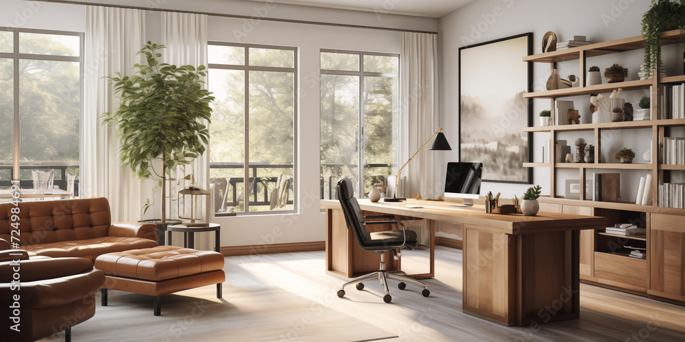 Fototapeta premium Traditional Farmhouse-style home office with a office chair infront of screen, reclaimed wood desk Design, a metal bookshelf , sofa and back glass window and indoor plant, interior design 