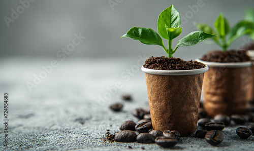 Coffee capsules, seedlings and coffee beans on a wooden table. close-up. Recycling. Caring for the environment.