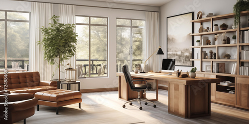 Traditional Farmhouse-style home office with a office chair infront of screen, reclaimed wood desk Design, a metal bookshelf , sofa and back glass window and indoor plant, interior design 