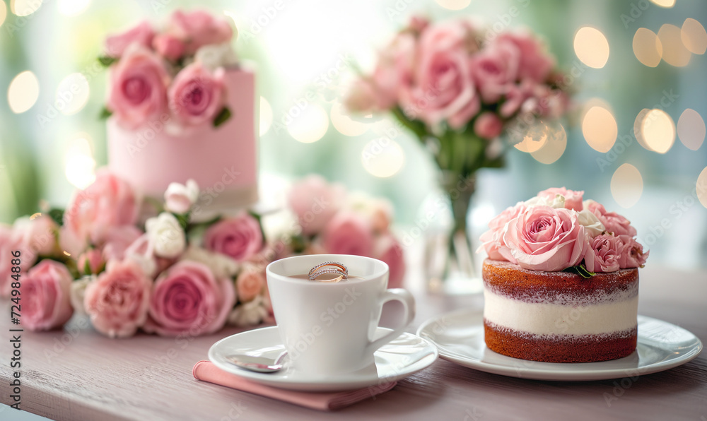 Marriage proposal. Surprise. A fragrant drink, a delicious dessert and wedding rings with flowers on the table. MARRIED. Marriage proposal. Surprise. A fragrant drink, a delicious dessert and wedding rings with flowers on the table. MARRIED.