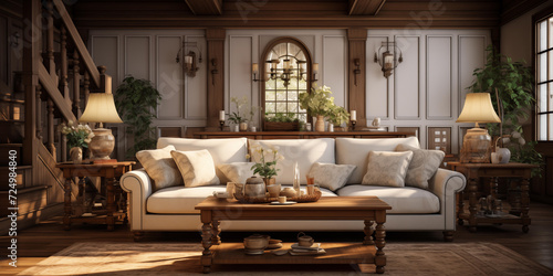 Elegant Colonial Style Living Room Interior with Classic Furnishings and Vintage Charm, two white sofa with coffee table and indoor plant and lamp on both side tables, interior design 