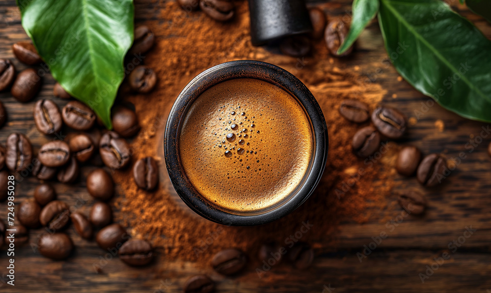 Cup of coffee and beans on an old kitchen table. Coffee grower. A hot morning invigorating drink. Place for text. Copy space. Cup of coffee and beans on an old kitchen table. Coffee grower. A hot morning invigorating drink. Place for text. Copy space.