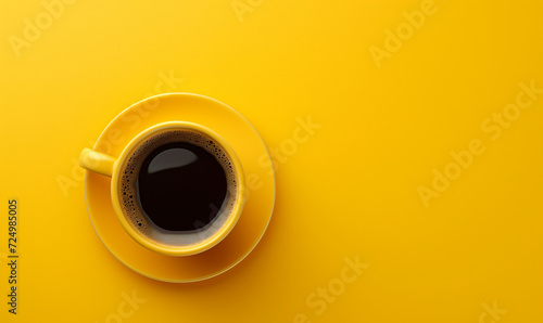 Cup of coffee on a bright yellow background. A hot morning invigorating drink. Place for text. Copy space.