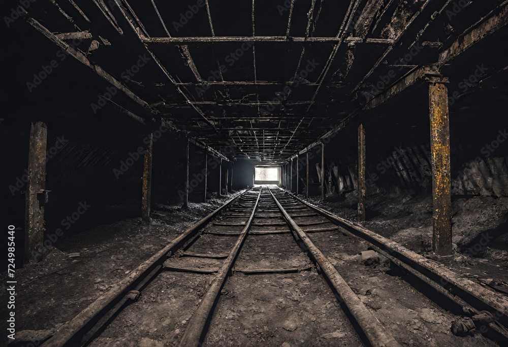 Exploring an old abandoned coal or mineral mine. Dark and dim shaft. old trolley tracks