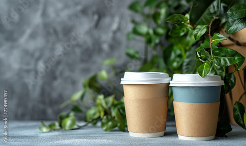 A glass of takeaway coffee on a wooden table against the background of a coffee plant in a coffee shop. A paper cup with a lid for taking your drink with you. Coffee to go. place for text.