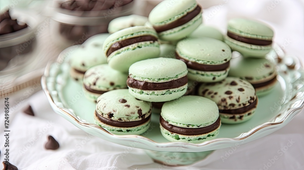 homemade mint chocolate chip French macarons, each delicate shell sandwiching a luscious mint buttercream filling, arranged enticingly on a serving platter, inviting indulgence and delight.