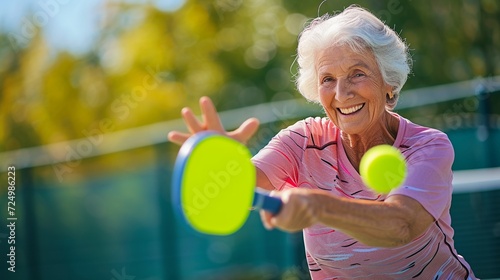 Happy senior woman is playing pickleball at the pickle ball court, concept of elder people sport, retirement life, trendy pickle ball life.