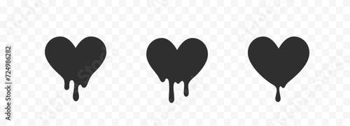 Drip heart set of oil, sauce or paint isolated on white background. Black chocolate melt liquid splash borders. Vector ink drops patterns