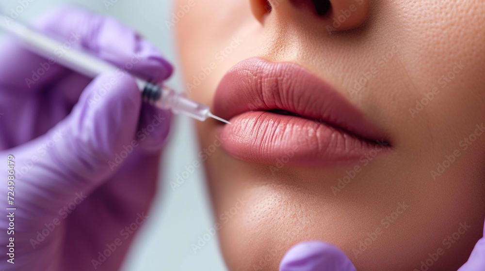 Cropped sensual female lips, procedure lip augmentation. Syringe near ...